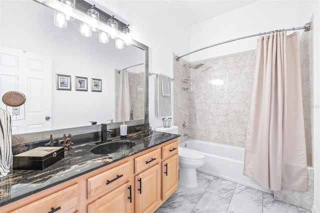 full bathroom with marble finish floor, vanity, toilet, and shower / bathtub combination with curtain