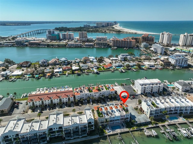 aerial view with a view of city and a water view