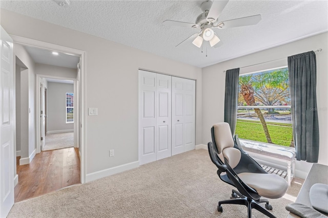 office with carpet, baseboards, ceiling fan, and a textured ceiling