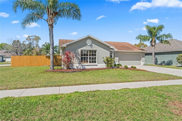 ranch-style house with a garage, fence, concrete driveway, stucco siding, and a front lawn