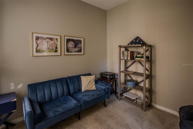 living area featuring carpet and baseboards