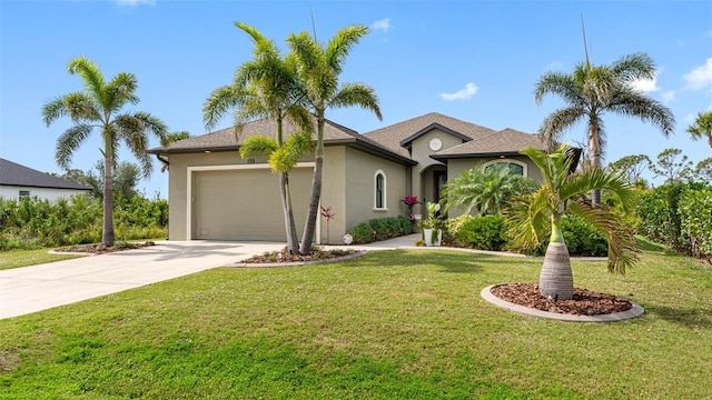 view of front of home with a front lawn, an attached garage, driveway, and stucco siding