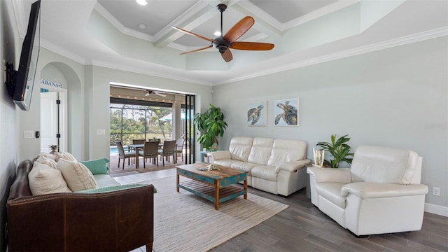 135 Cabana Way, Rotonda West, FL 33947 - living area featuring coffered ceiling, ceiling fan, dark wood-style flooring, crown molding, and beam ceiling