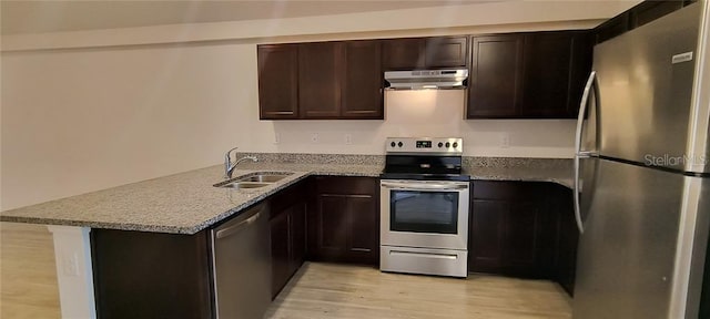 kitchen featuring under cabinet range hood, a peninsula, light wood-style floors, stainless steel appliances, and a sink