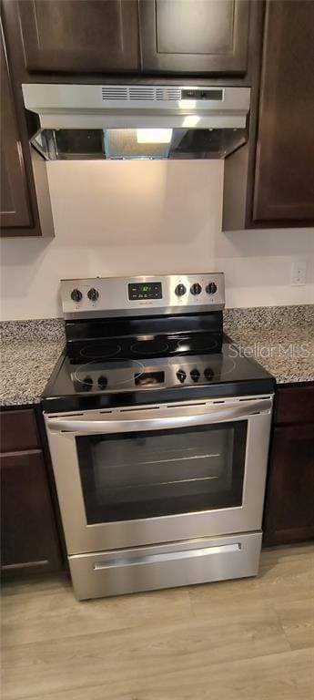 kitchen featuring under cabinet range hood, light wood-type flooring, stainless steel electric range, and dark brown cabinets