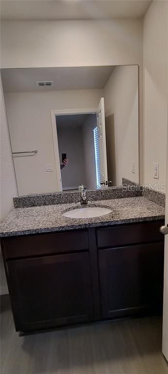 bathroom featuring visible vents, wood finished floors, and vanity