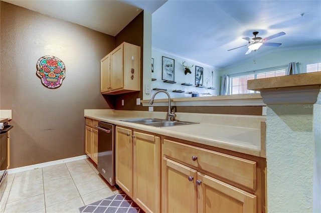 kitchen featuring light tile patterned floors, lofted ceiling, light countertops, crown molding, and a sink