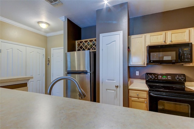 kitchen featuring light countertops, visible vents, ornamental molding, light brown cabinets, and black appliances