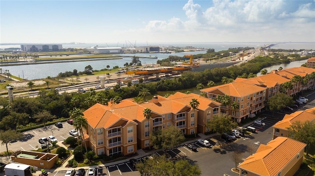 bird's eye view with a water view