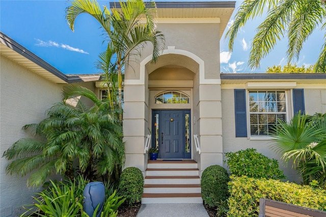 view of exterior entry with stucco siding