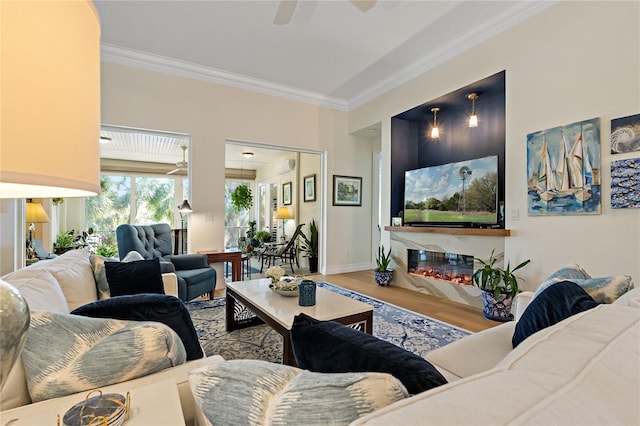 living area featuring ornamental molding, a glass covered fireplace, ceiling fan, and wood finished floors