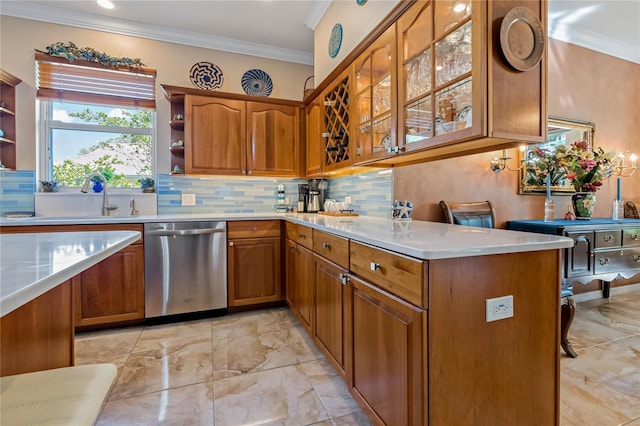 kitchen with brown cabinets, crown molding, open shelves, light countertops, and dishwasher