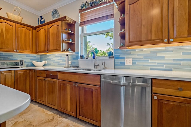 kitchen with open shelves, stainless steel dishwasher, a sink, and crown molding