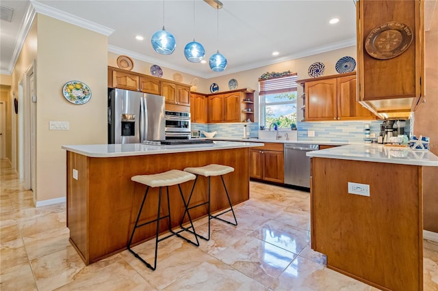 kitchen with marble finish floor, appliances with stainless steel finishes, brown cabinets, open shelves, and a kitchen bar