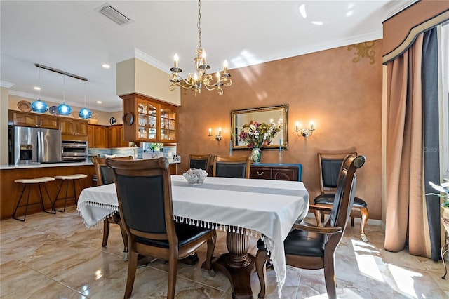 dining area featuring a chandelier, marble finish floor, visible vents, and crown molding