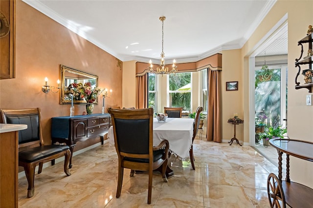 dining space with marble finish floor, ornamental molding, plenty of natural light, and an inviting chandelier