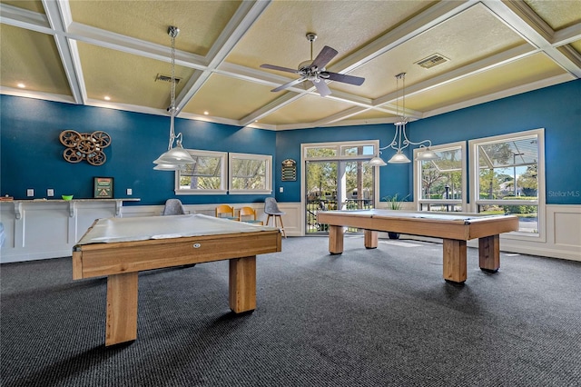 game room with carpet floors, a wealth of natural light, pool table, and coffered ceiling