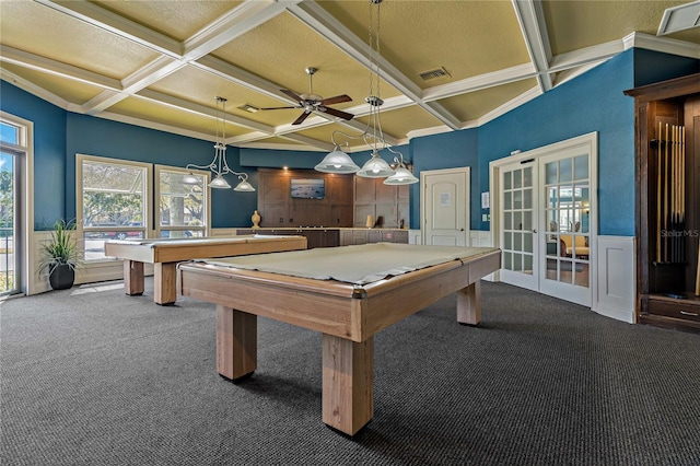 recreation room with french doors, dark carpet, and billiards