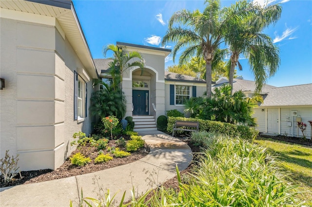 doorway to property with stucco siding