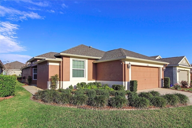 single story home with a garage, concrete driveway, roof with shingles, stucco siding, and a front lawn