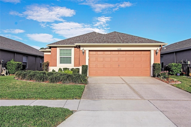 single story home featuring a garage, concrete driveway, a front lawn, and stucco siding