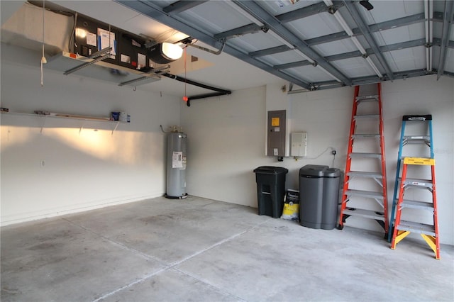 garage with electric panel and water heater