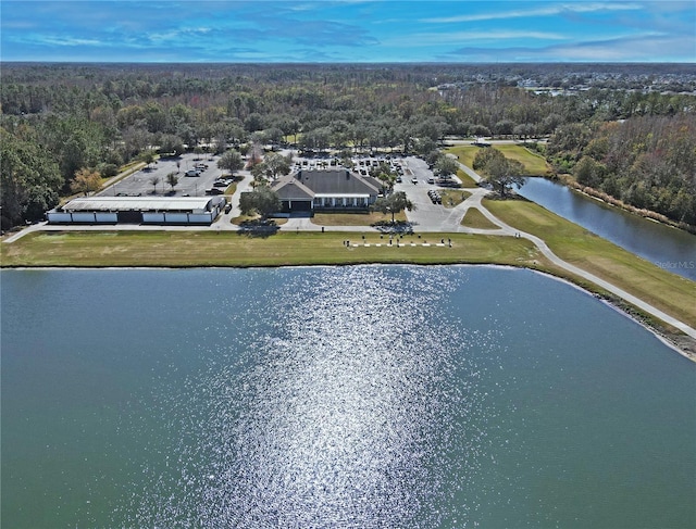 drone / aerial view featuring a water view and a forest view