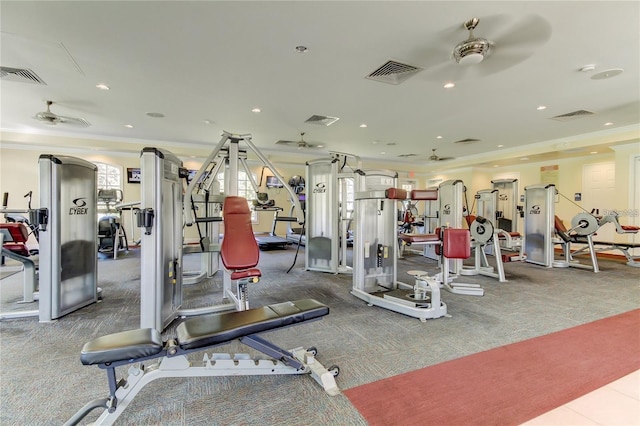 exercise room featuring a ceiling fan, visible vents, crown molding, and recessed lighting