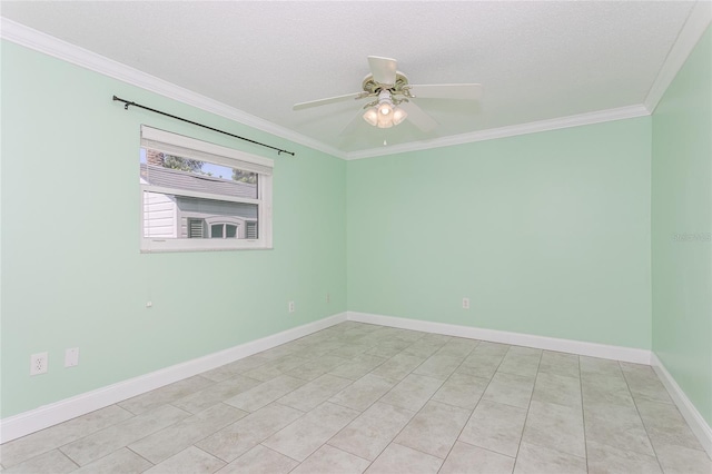 unfurnished room with a textured ceiling, crown molding, baseboards, and ceiling fan