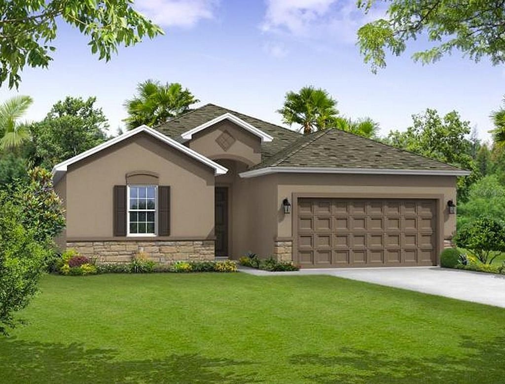 ranch-style house featuring an attached garage, stone siding, concrete driveway, stucco siding, and a front yard