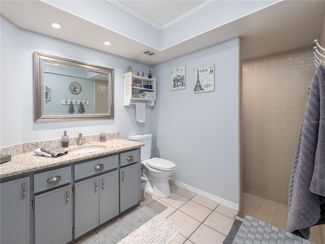 full bath with tile patterned flooring, visible vents, a walk in shower, toilet, and vanity