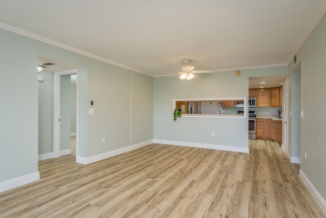 unfurnished living room featuring ceiling fan, light wood-type flooring, and baseboards