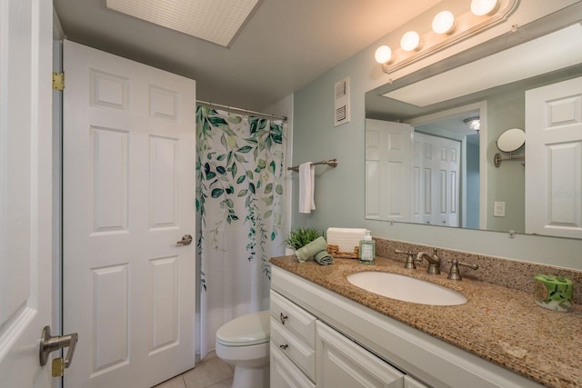 full bath featuring visible vents, toilet, a shower with curtain, tile patterned flooring, and vanity