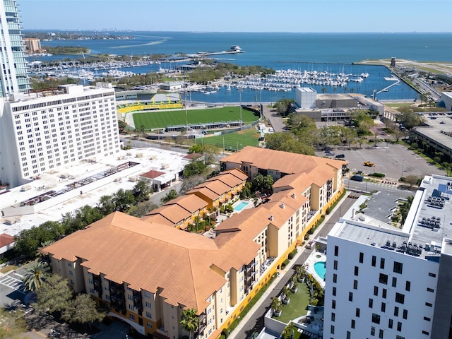 drone / aerial view with a water view