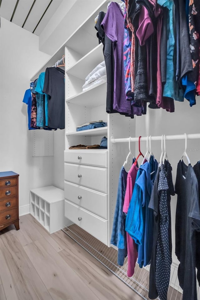 walk in closet with wood finished floors