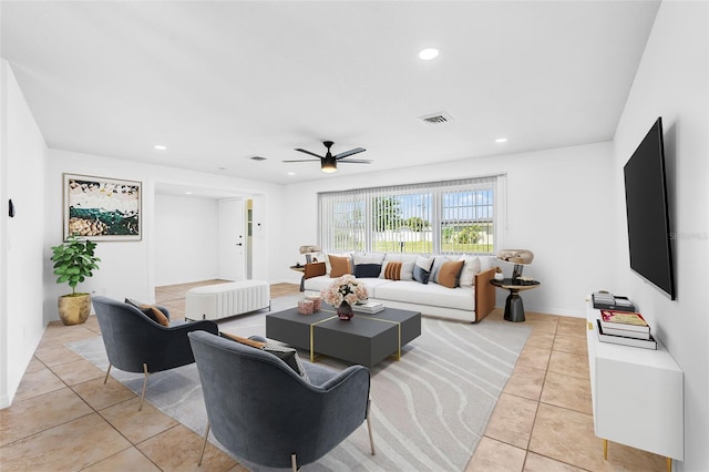 living area with a ceiling fan, light tile patterned flooring, visible vents, and recessed lighting