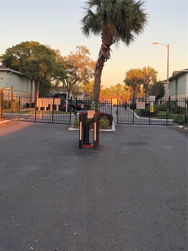 view of street featuring street lights, a gated entry, and a gate