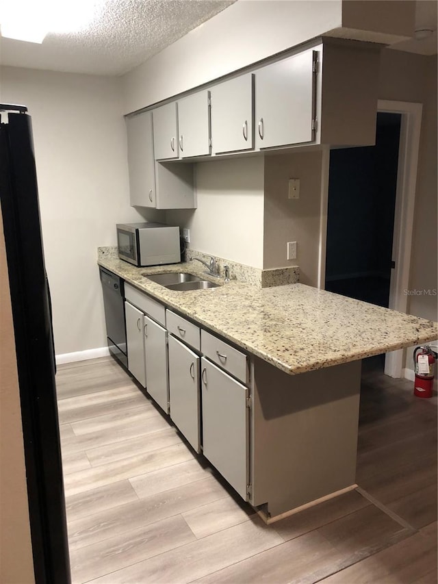 kitchen featuring stainless steel microwave, black dishwasher, light wood finished floors, and a sink