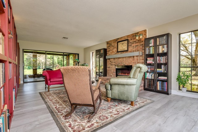 living area featuring plenty of natural light, light wood finished floors, and a fireplace