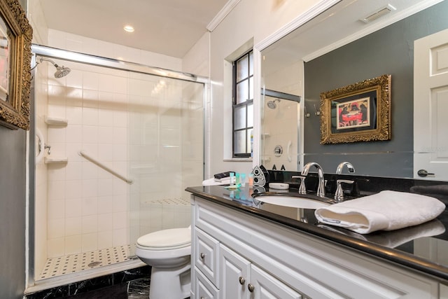 full bath featuring a stall shower, visible vents, toilet, ornamental molding, and vanity
