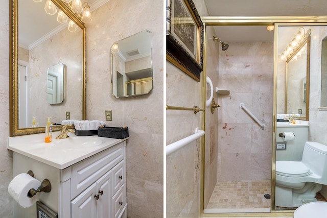 full bathroom featuring toilet, a stall shower, ornamental molding, and vanity