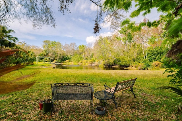 view of home's community featuring a water view, a lawn, and a wooded view