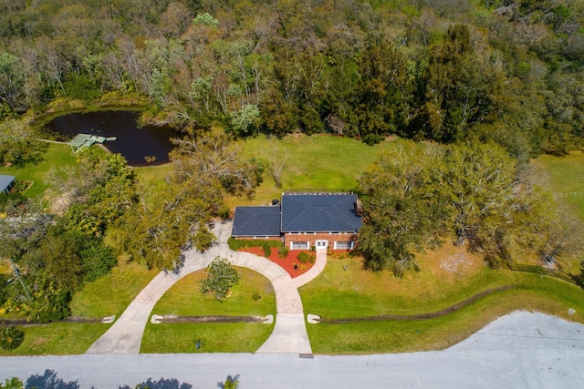 birds eye view of property with a water view and a forest view