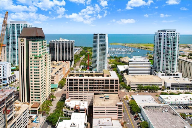 drone / aerial view featuring a view of city and a water view