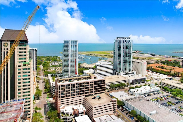 drone / aerial view with a water view and a city view