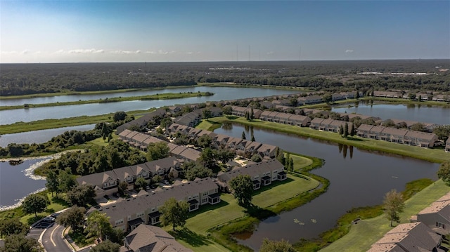 aerial view featuring a water view and a residential view