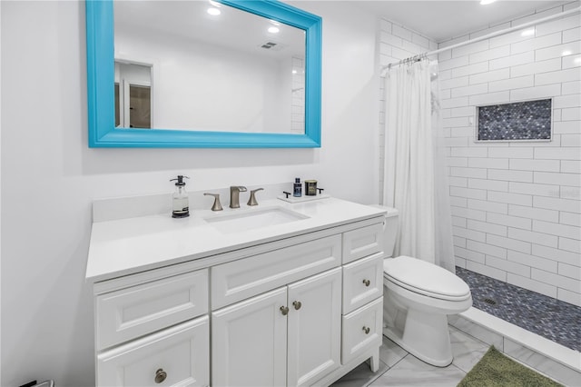 full bathroom with marble finish floor, visible vents, toilet, a tile shower, and vanity