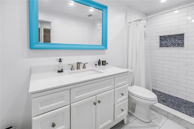 full bathroom featuring toilet, visible vents, vanity, marble finish floor, and a tile shower