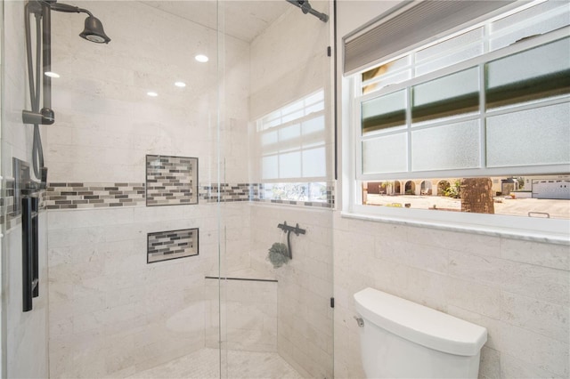 bathroom with a stall shower and toilet