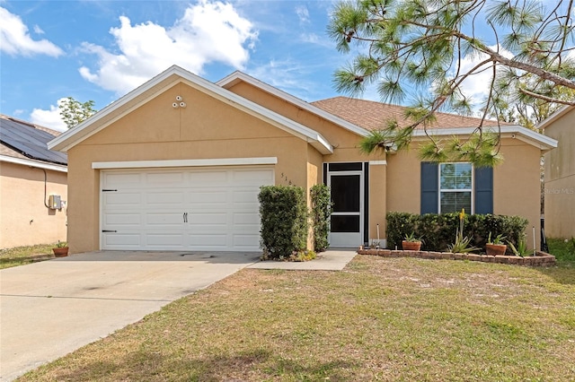 single story home featuring a garage, concrete driveway, a front lawn, and stucco siding